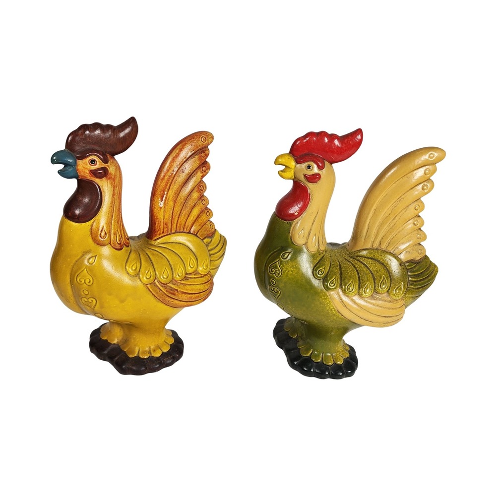 Vintage Ceramic Rooster Figurines Set of 2 Yellow Green Farmhouse Kitchen Decor